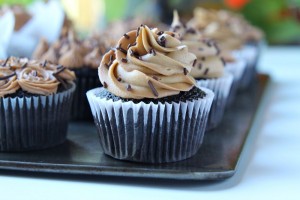 Dark Chocolate Cupcakes with Almond Chocolate Buttercream Frosting