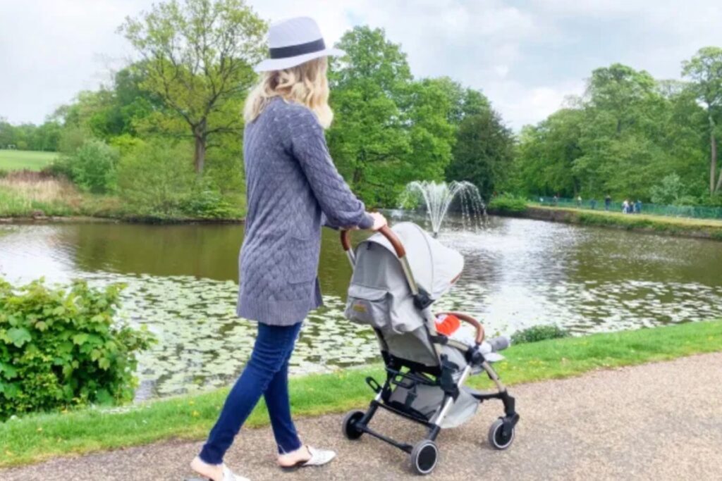 A mother pushing a grey stroller next to a pond