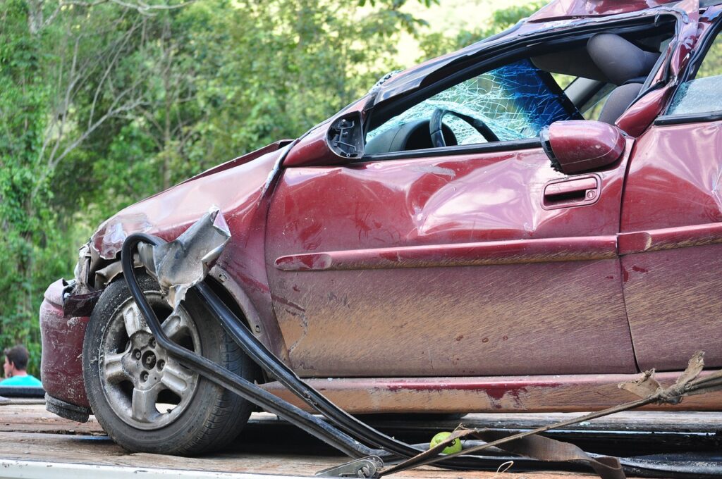 A damaged car that has been involved in an accident.