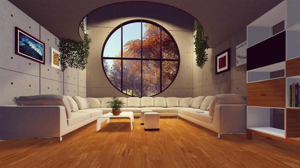 A creatively designed house interior showcasing a 3D rendering of a living room with a large window.