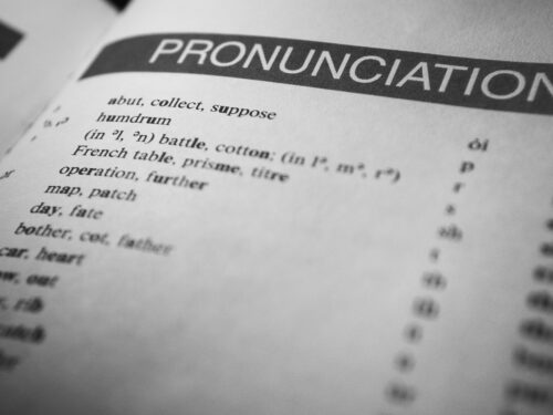 A black and white photo of a book with the word pronunciation, perfect for language learning in the classroom or with kids.