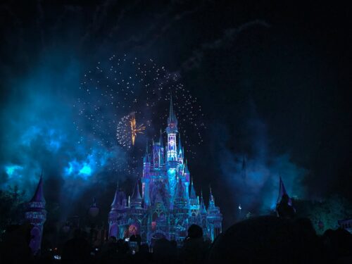 fireworks in the night sky over the disney castle
