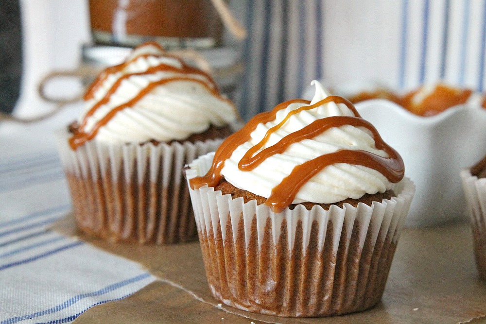 Pumpkin Cupcakes, Cream Cheese frosting & Salted Caramel drizzle