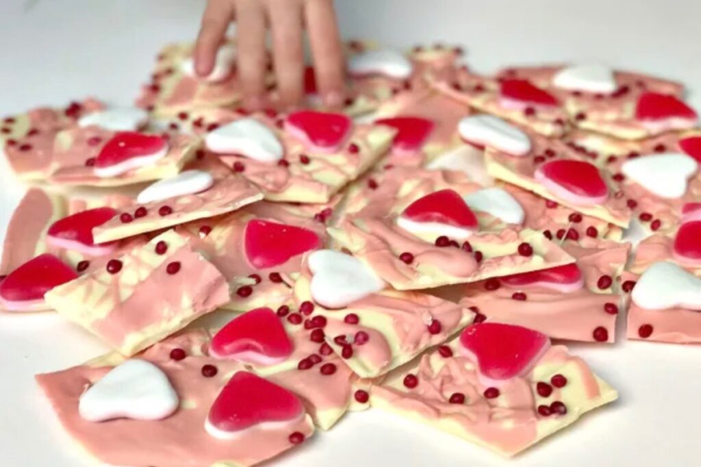 White chocolate bark with pink and white toppings